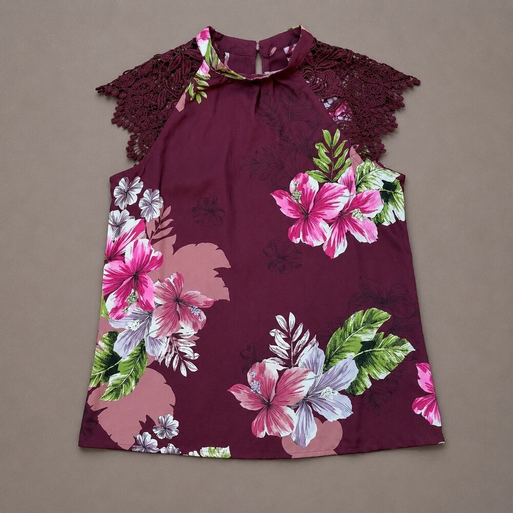 Express Maroon Tropical  Lace Short Sleeve  Blouse  Size XS